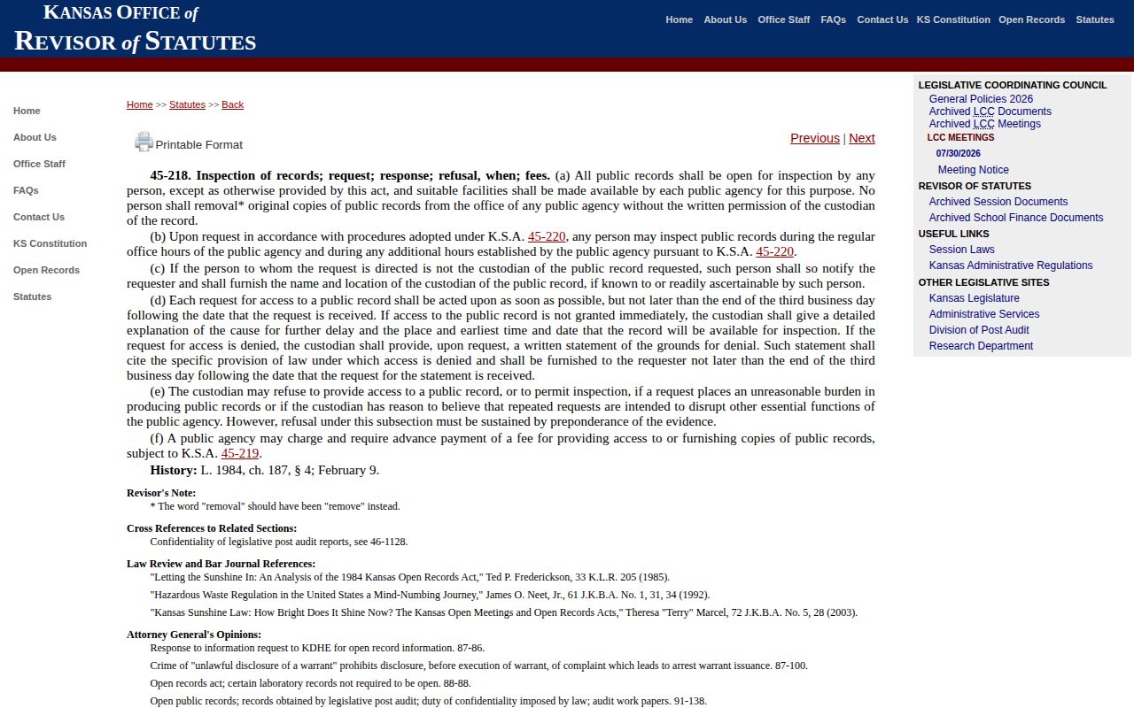 Kansas open-record procedure used for a Rawlins County 72-hour release request