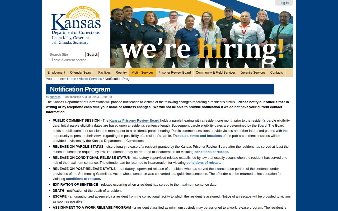 Kansas Department of Corrections notification program separate from county VINELink coverage