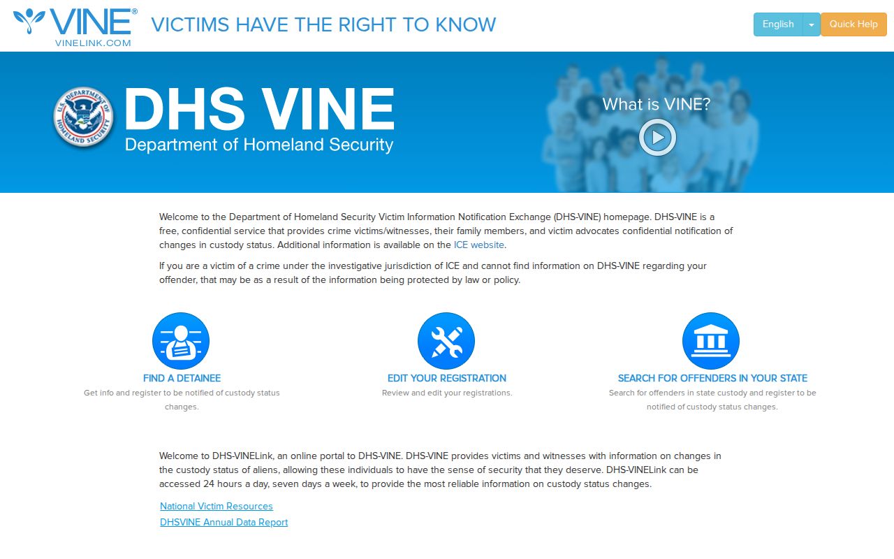 DHS-VINE map for the separate federal immigration notification system